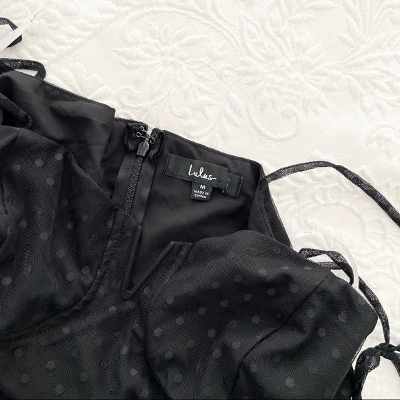 NWOT Lulus Romantic Spot Black Polka Dot Mesh Tiered Midi Dress - Picture 4 of 8